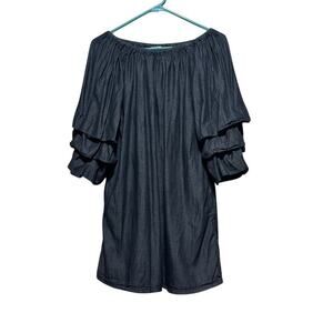 Hippie Laundry M Dark Denim Chambray Off the Shoulder Ruffle Sleeve Mini Dress